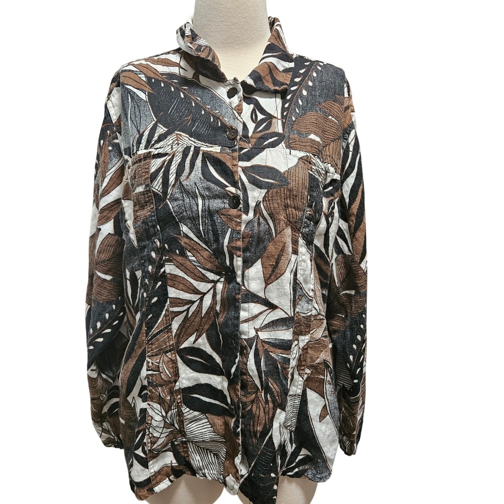 Chicos Womens Size 3 Large Brown Black White Linen Tropical Leaf Print Jacket
